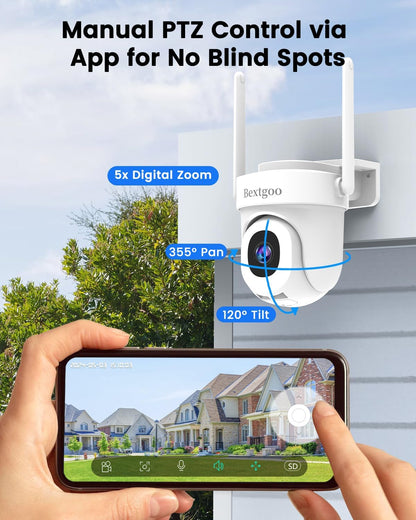 Bewakingscamera WiFi voor Buiten, Bextgoo 5MP Outdoor Home Beveiligingscamera met 64G TF-kaart, 2,4/5G WiFi, 360° Automatische Bewakingscamera, Bewegingsdetectie-meldingen, Kleuren Nachtzicht, 2 Stuks
