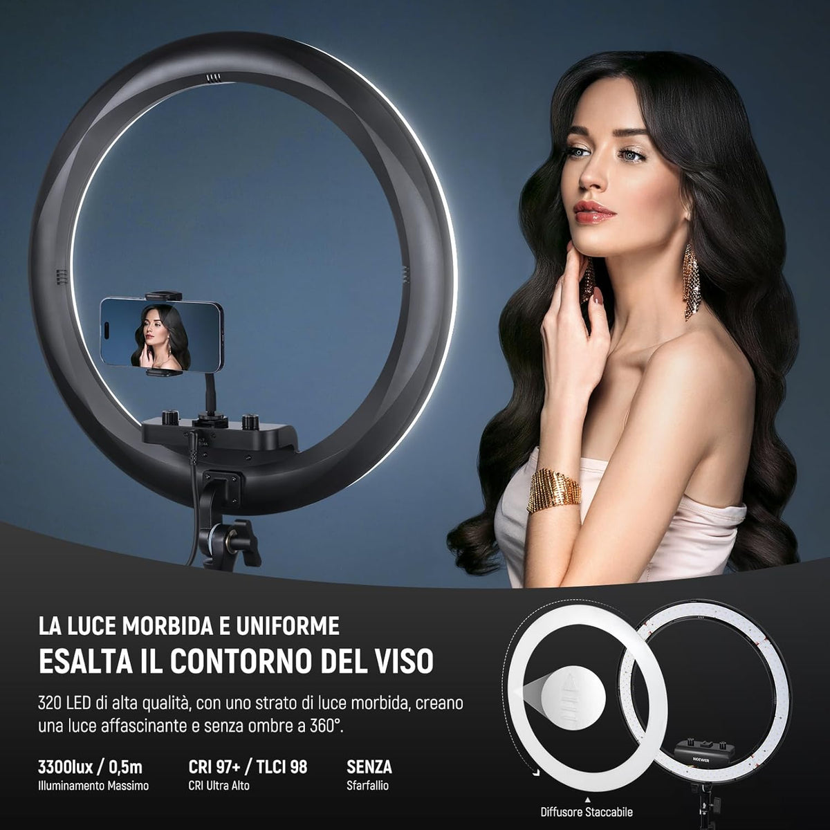 Ringlamp – Fotolamp – Selfielamp – Videolamp – Livestream Lamp – 18 Inch Ultradun Met Standaard En Telefoonhouder – Dimbaar 2900K-7000K, 320 Leds