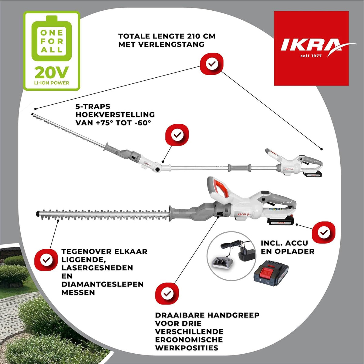 IKRA 2in1 heggenschaar zonder kabel ICPH 2050 met telescoopsteel voor hoge heggen, incl. 20V accu, laadstation & schouderriem