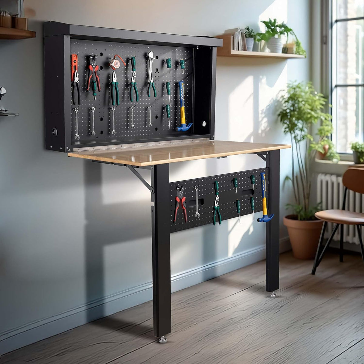 Wiltec werkbank voor wandmontage tot 200 kg, inklapbare gereedschapsbank 120,5 x 82,5 x 162 cm met geperforeerde plaat als achterwand