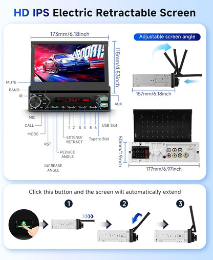 Hodozzy Dab Carplay autoradio, 1 din, draadloos, Android auto, met automatisch display, intrekbaar, 7 inch, autoradio, bluetooth, touchscreen met spiegel/FM/USB/AUX/TF+achteruitrijcamera