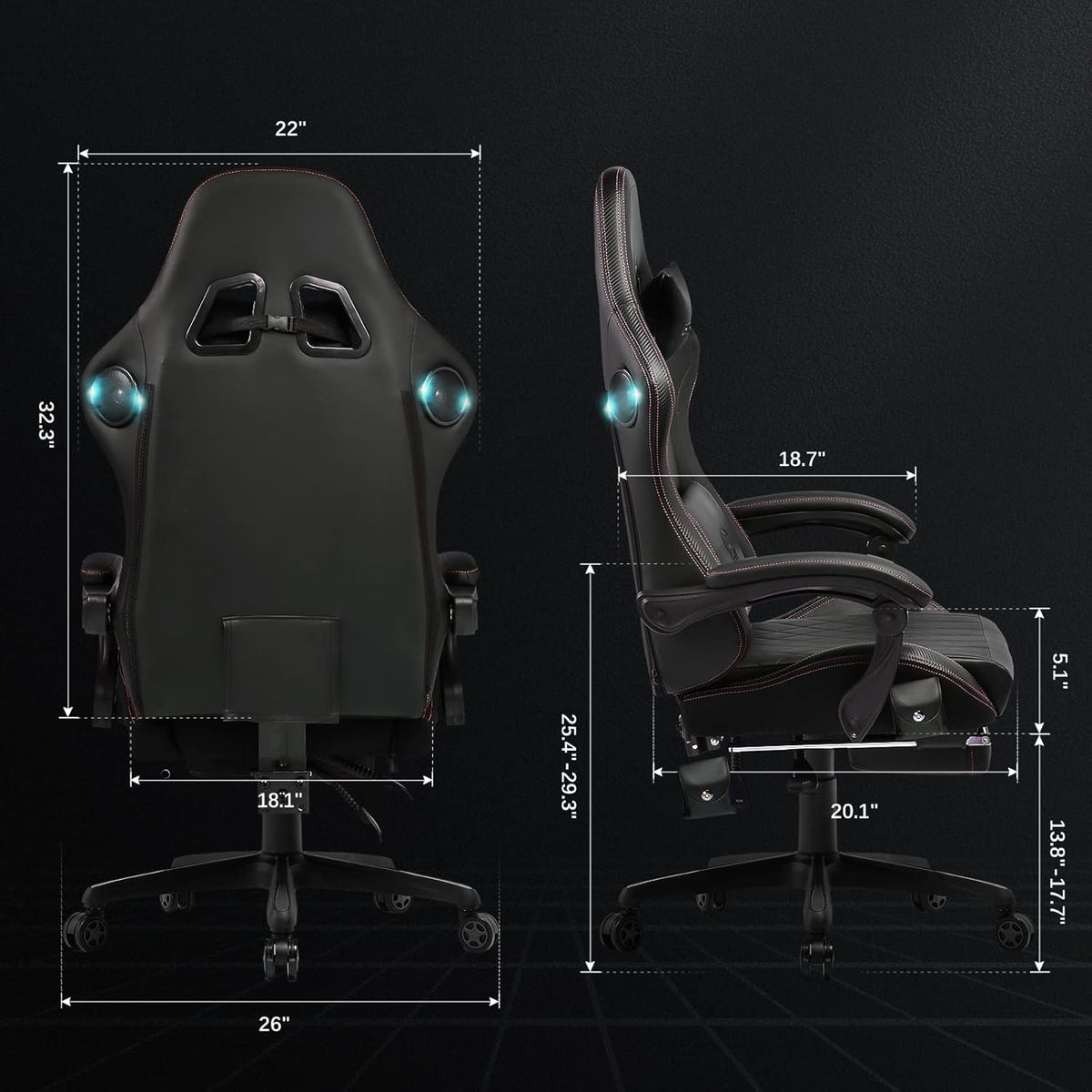 GTPLAYER Ergonomic Gaming Chair, Office Chair, Racing Chair with Footrest and Speakers, Load Capacity up to 150 kg, Black-Red - QUORE