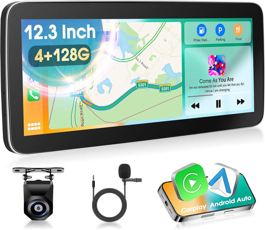 2 Din 4G + 128G autoradio 12,3 inch 1280P stereo radio met Android 15 systeem, A-pple Carplay Android Auto GPS Bluetooth 5.0 WiFi FM/RDS 2USB inclusief AHD-camera voor achteruitrijcamera