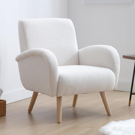 chairus Faux Fur Living Room Chair Relax Chair Reading Chair with Armrests Wooden Legs Upholstered Chair for Living Room/Bedroom White - QUORE