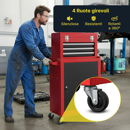 Professionele gereedschapswagen met 3 uittrekbare laden en afsluitbare kast voor garage en werkplaats, frame van gelakt metaal, gemakkelijk te verplaatsen (rood)