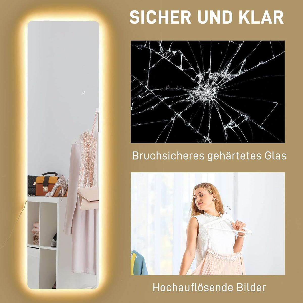 HOMCOM Ganzkörperspiegel 150 x 40 cm Standspiegel mit LED-Beleuchtung, 3 Lichtfarben, Wandspiegel mit Ständer, Touch-Schalter für Schlafzimmer, Wohnzimmer, Transparent - QUORE