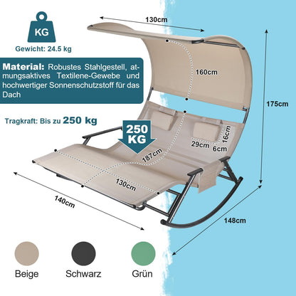 Outdoor Double Lounger Sun Lounger for 2 People with Sun Canopy Bag Double Rocking Chair up to 250 kg Breathable Fabric Versatile Choice of Colours for Garden, Balcony, Patio (Beige) - QUORE