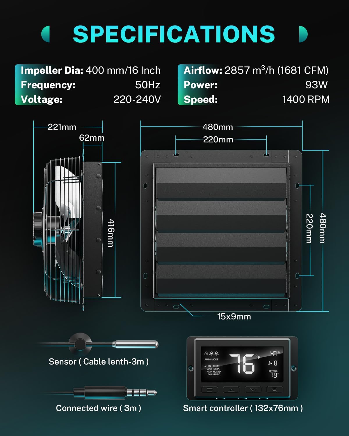 HG Power 400 mm afvoerventilator met temperatuur en vochtigheidsregelaar, intelligente industriële wandventilator, 2200 m³/u, EC-motor, wandventilator voor kelder, garage, keuken, kas