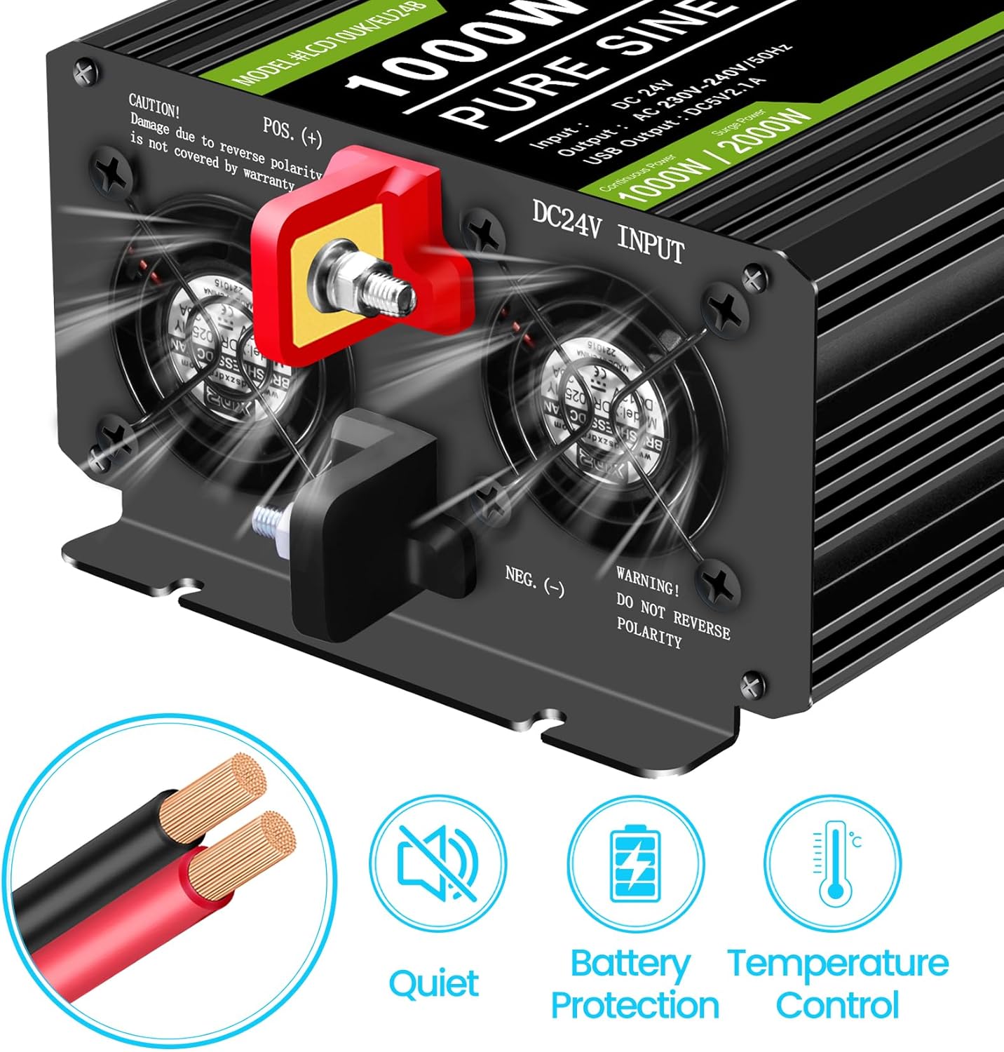 NOVOPAL 1000 W zuivere sinus omvormer DC 24 V naar AC 220V 230V omvormer met lcd-display en afstandsbediening - piekvermogen 2000 W spanningstransformator