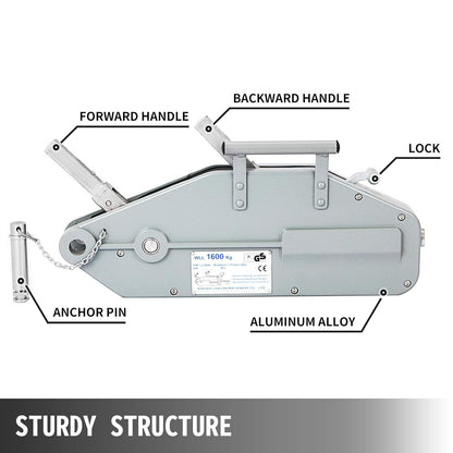 VEVOR Manual Winch 1.6 T, Hand Winch Rope 25 m, Cable for Trailer, Car, Boat, Strong and Stable Pull-Out Lever for Construction Sites Gates, Factories, Warehouse Transportation, Electricity