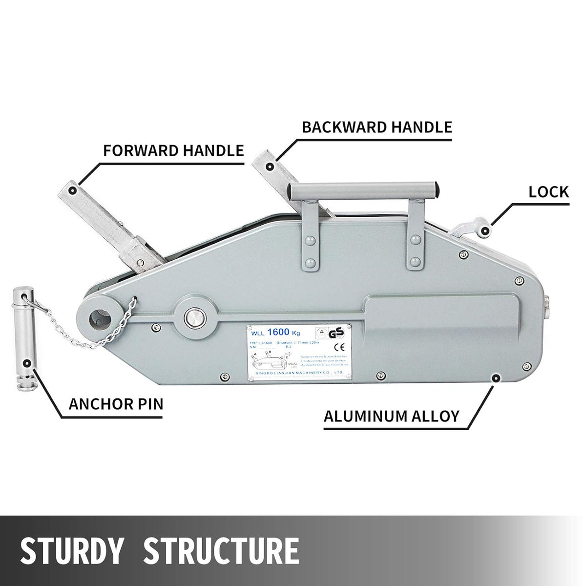 VEVOR Manual Winch 1.6 T, Hand Winch Rope 25 m, Cable for Trailer, Car, Boat, Strong and Stable Pull-Out Lever for Construction Sites Gates, Factories, Warehouse Transportation, Electricity