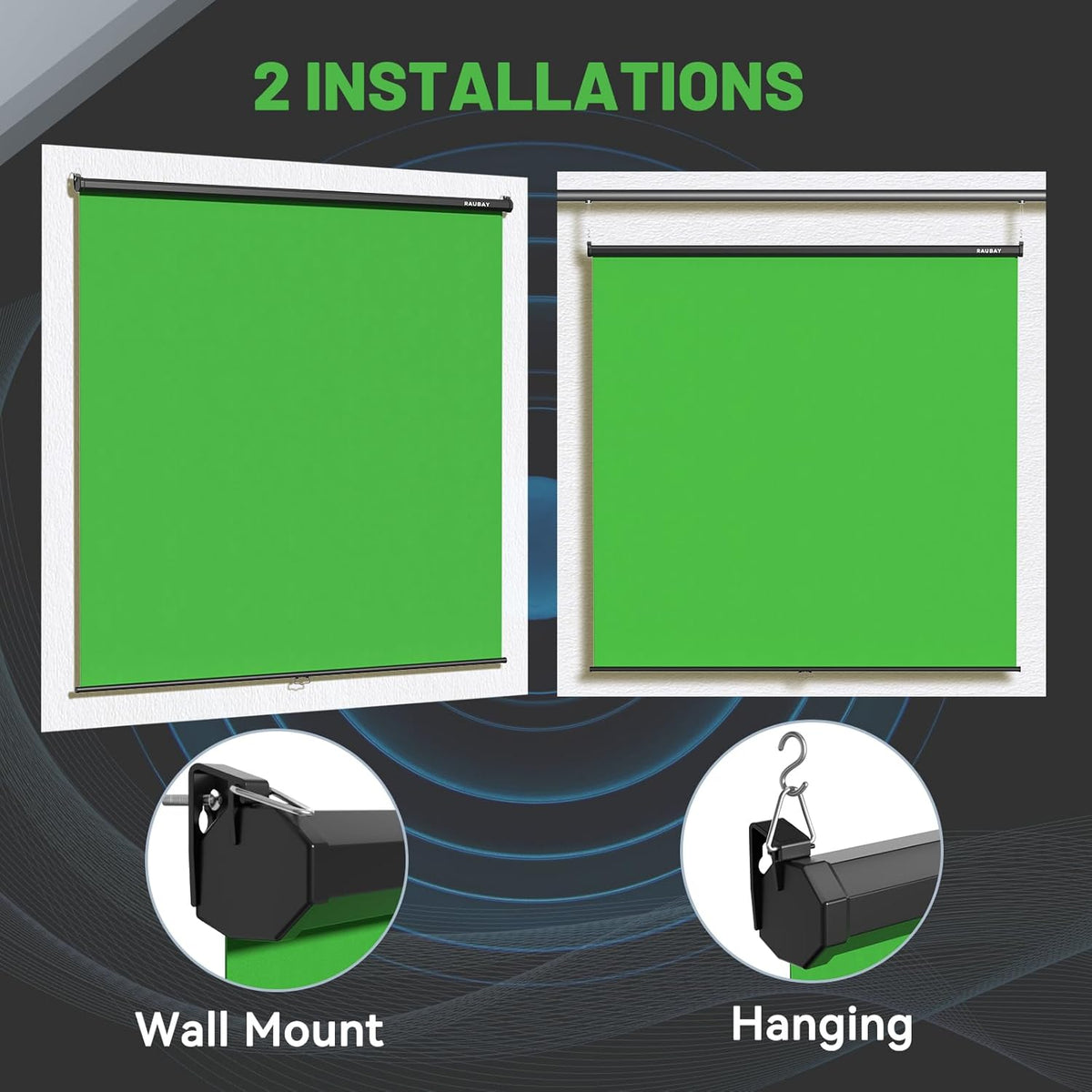 RAUBAY Intrekbaar groen scherm naar beneden - 78 "x 86" inklapbare wandmontage achtergrond voor professionele videoproductie, Chroma Key Achtergrond voor YouTube, TikTok, Streaming, Videovergaderen