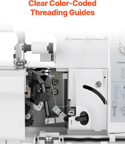 VEVOR Serger Overlock naaimachine, 1250 steken per minuut, 2-3-4 draadvermogen, 0,7-2 instelbare differentiële voeding, met vrije arm en ledlicht, naaimachine voor verschillende stoffen, wit