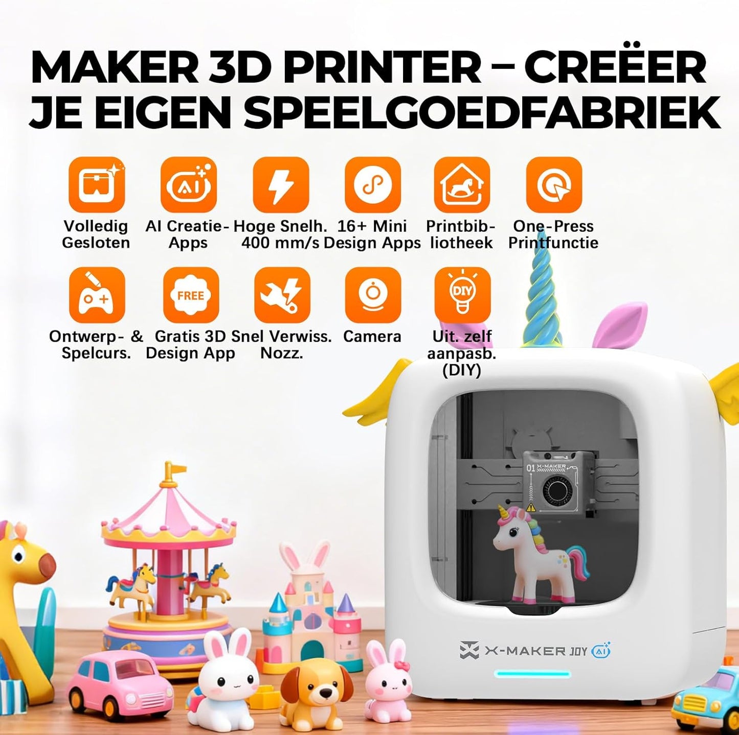 AI-Aangedreven X-MAKER JOY 3D-Printer Voor Kinderen, Volledig Gemonteerde Mini 3D-Printer Met Snelheid Tot 400 Mm/s, Automatisch Nivelleren, 1500+ Modellen & 16+ Modules，Kerstcadeau