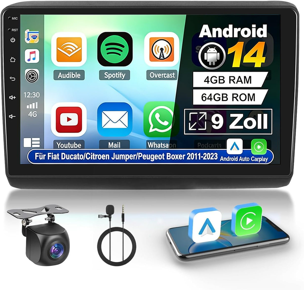 Navigatieapparaat voor Fiat Ducato/Citroen Jumper/Peugeot Boxer 2011-2023 4 + 64 GB autoradio met Bluetooth 9 inch met touchscreen auto radio navigatie GPS WiFi FM RDS SWC DSP Android 14