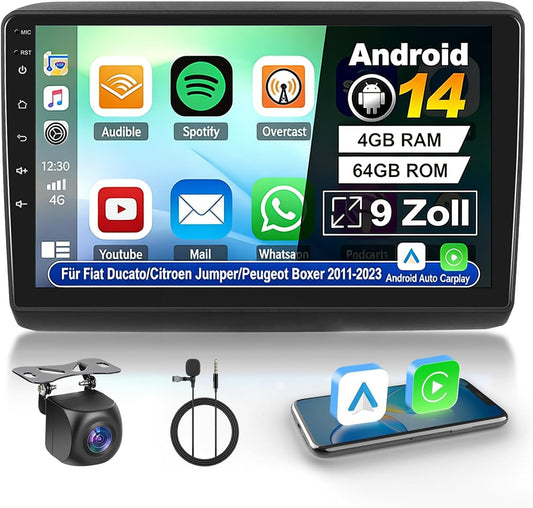 Navigatieapparaat voor Fiat Ducato/Citroen Jumper/Peugeot Boxer 2011-2023 4 + 64 GB autoradio met Bluetooth 9 inch met touchscreen auto radio navigatie GPS WiFi FM RDS SWC DSP Android 14