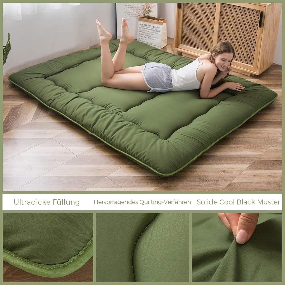 MAXYOYO Japanse vloermatras, futonmatras, dikkere tatami-mat, slaapkussen, opvouwbaar, oprolbaar matras, slaapzaal, matras, kussen, bed (groen, eenpersoons)