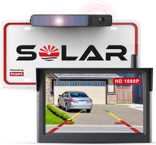 draadloze digitale achteruitrijcamera op zonne-energie (1080p), 3 minuten doe-het-zelf installatie, ondersteunt 2 camera's, met 5" monitor, IP69K waterdicht
