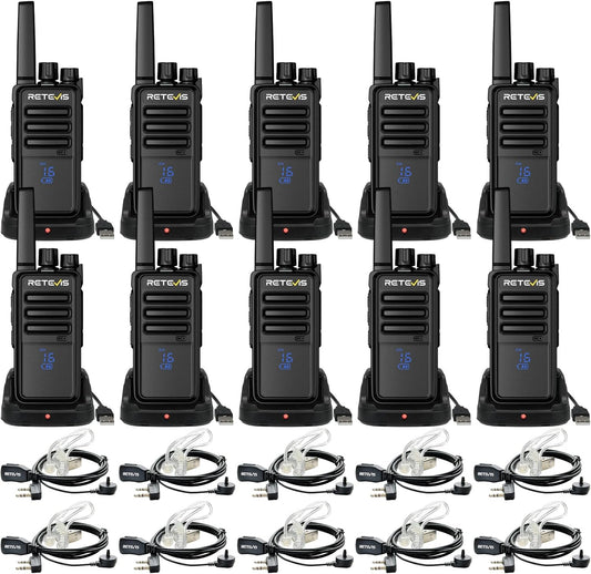 Retevis RT668H Walkie-Talkie met Scherm, Oplaadbare Walkie Talkies 1200mAh, Oplaadstation Type-C, Compact, VOX, Professionele Walkie-Talkie met Headset voor Winkel, Restaurant (10 Stuks, Zwart)