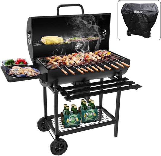 Teeno Grill houtskoolgrill, met XXL-kookrooster met twee planken, verstelbare ventilatie, grillbal, brandbeveiligingshandschoenen, draagbare houtskoolgrill (met doekdeksel)
