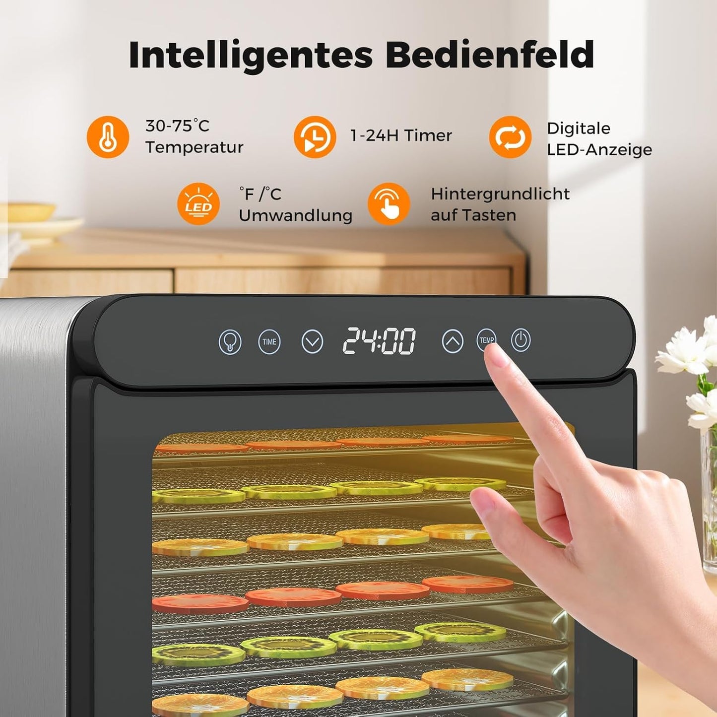 FANTASK Voedseldroger met 7 roestvrijstalen schalen, droogautomaat met 24-uurs timer en temperatuur van 30-75 °C, 600 W droogmachine voor vlees, groenten en fruit, 34 x 40,5 x 32 cm