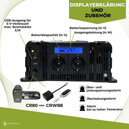 solartronics Spanningsomvormer FS2000D 24V 2000/4000 Watt Pure Sinus BLAUW m. Display FS Serie LiFePO4 / lithium, lood-, gel of AGM-batterij compatibel inverter omvormer