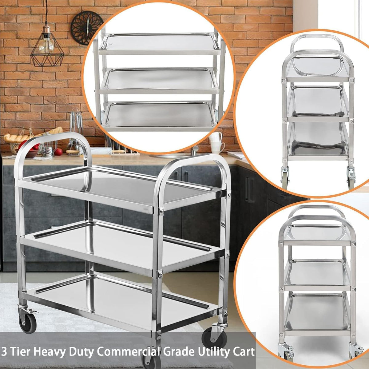 HLC 3 Tier Rvs Dienende Catering Trolley Wielen Utility Cart Keuken Cart Serveerwagen Met Vergrendelende Wielen Voor Keuken Hotels - 95x95x50CM