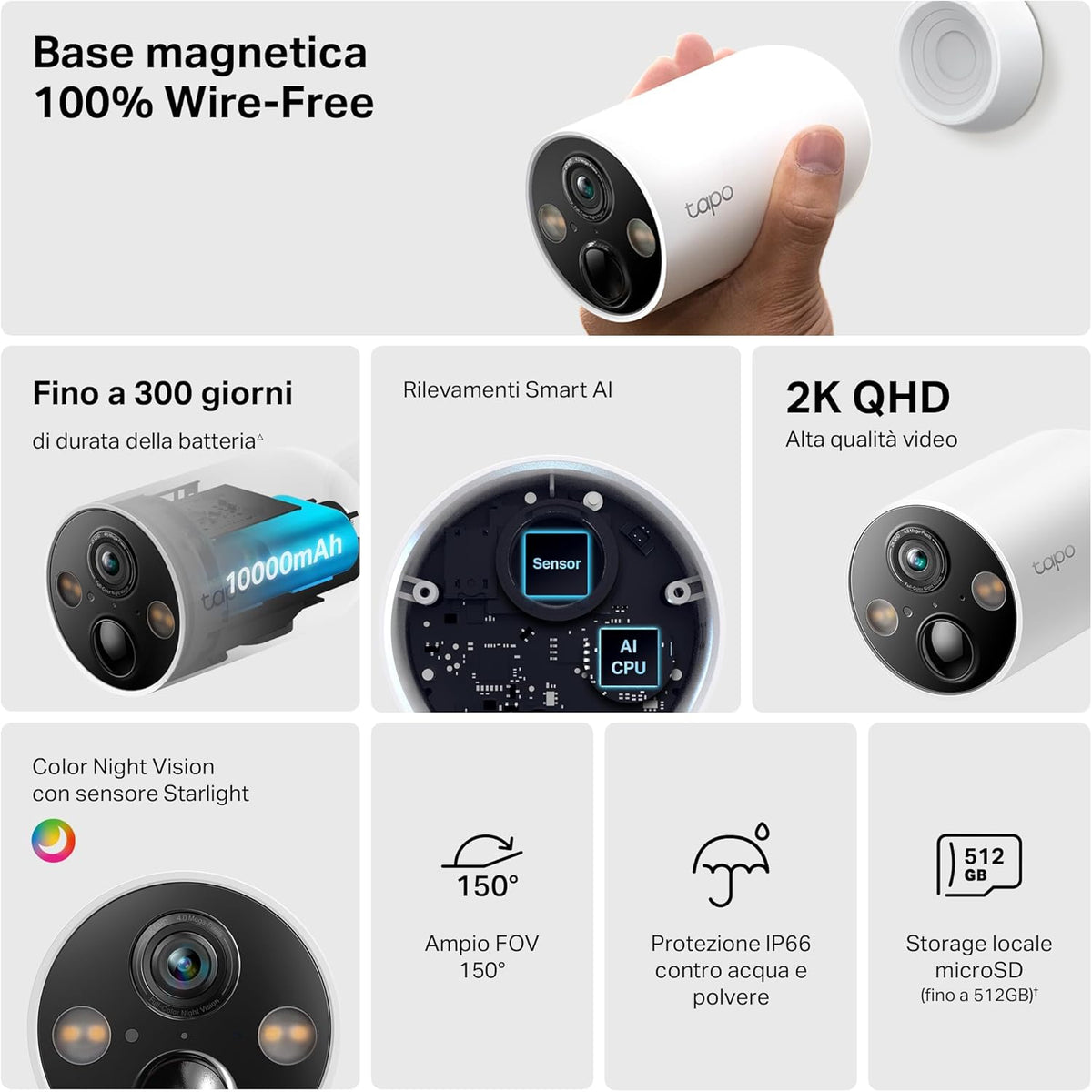 Tapo C425 2 stuks draadvrij binnen/buiten 2K QHD 4MP 1440p Batterij aangedreven slimme beveiligingscamera, Starlight Color Nachtzicht, Persoon/Huisdier/Voertuig Detectie