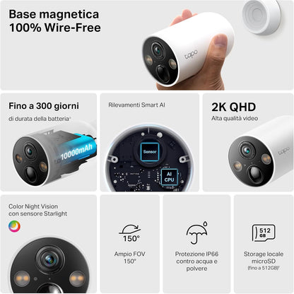 Tapo C425 2 stuks draadvrij binnen/buiten 2K QHD 4MP 1440p Batterij aangedreven slimme beveiligingscamera, Starlight Color Nachtzicht, Persoon/Huisdier/Voertuig Detectie
