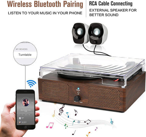 Platenspeler - Geïntegreerde Luidsprekers - Vintage Fonograaf - met Bluetooth-Riemaandrijving - 3 snelheden - voor Muziekgenot - Woondecoratie - Hout - Koffie