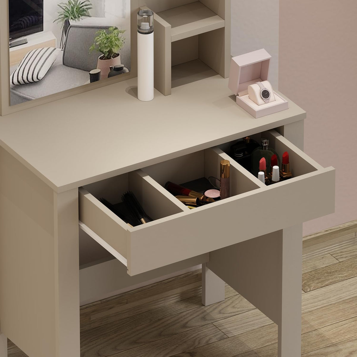 Make-uptafel – Kaptafel – Make-upmeubel – Schminktafel – Opbergmeubel – Compacte Afmetingen 72x40x124 cm – Onderhoudsvriendelijk Melamine Oppervlak (Beige)
