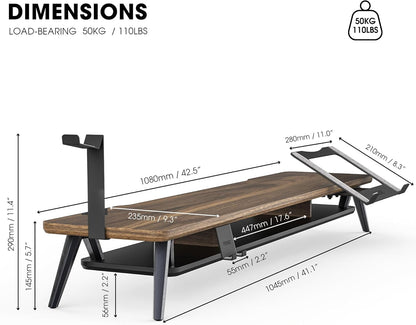 Fenge Monitor Stand, Dual Monitor Riser voor 2 monitoren met verstelbare Laptop Riser, 108cm Desk Organizer met Pad / Hoofdtelefoonhouder Max Belasting 50KG (Bruin)