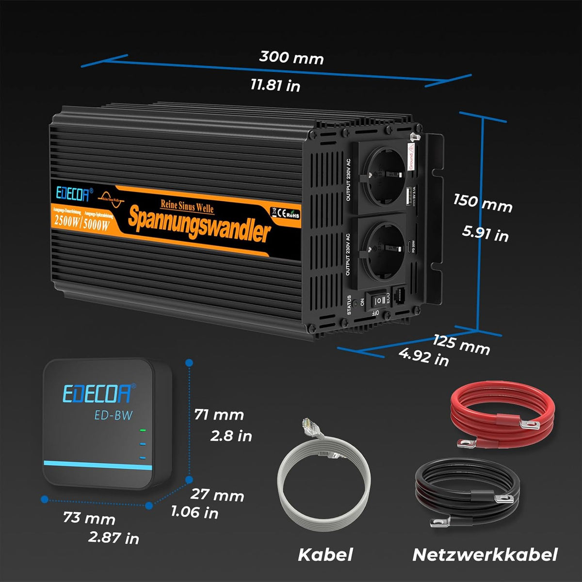 EDECOA 12 V 230 V omvormer, 2500 W/5000 W, 12 V naar 230 V, zuivere sinusgolf, omvormer met wifi-module, ondersteuning voor app-functies met 1 USB-poort en 1 PD-aansluiting