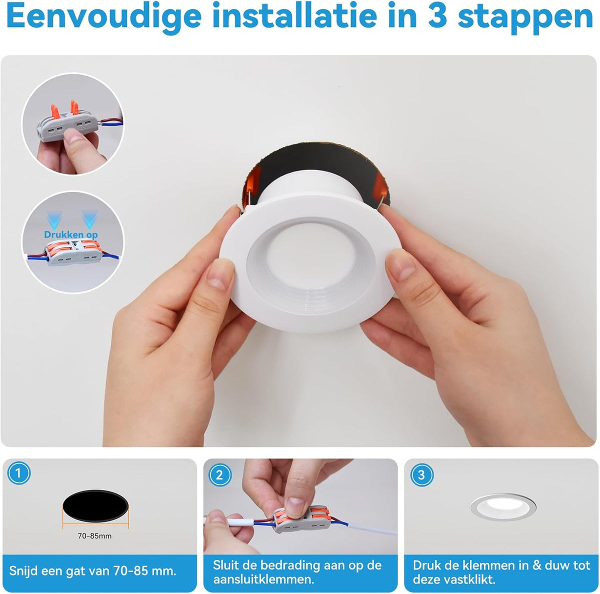 KEELED Inbouwspots voor Plafond, Inbouwverlichting met Nachtlampfunctie, 230V, 6W, 3 kleurtemperaturen 3000K/4000K/6000K selecteerbaar, 70-85mm inbouwgat, 24 stuks
