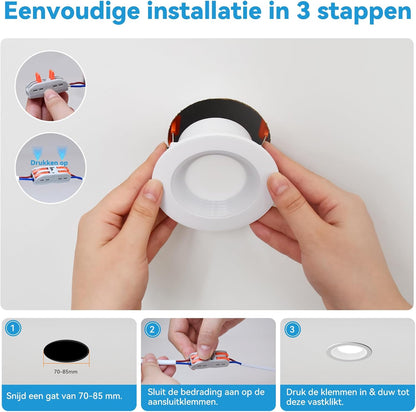 KEELED Inbouwspots voor Plafond, Inbouwverlichting met Nachtlampfunctie, 230V, 6W, 3 kleurtemperaturen 3000K/4000K/6000K selecteerbaar, 70-85mm inbouwgat, 24 stuks