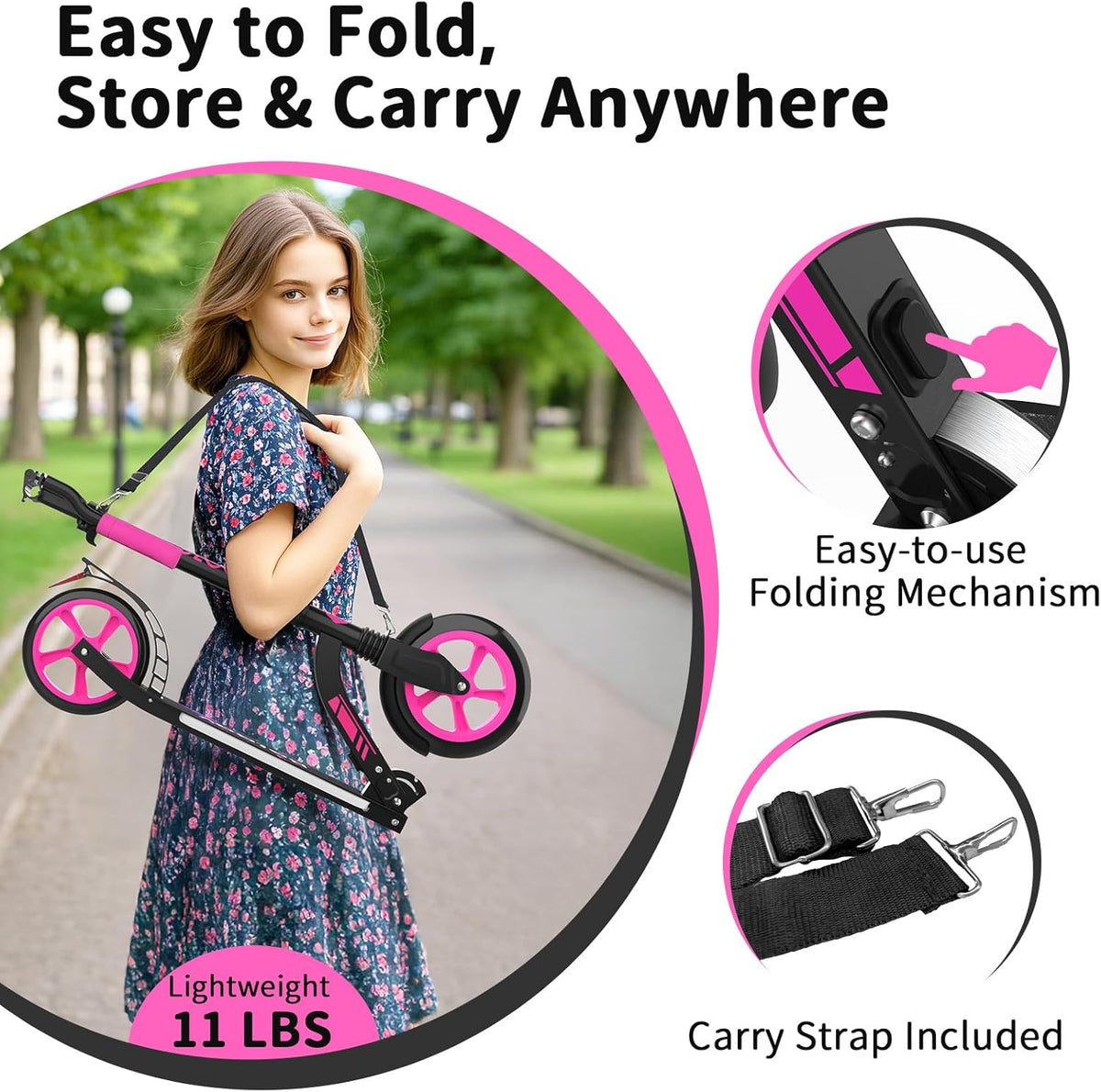 BELEEV V10 Big Wheel Scooter voor kinderen vanaf 6 jaar, met oplichtend dek, opvouwbare scooter met 2 wielen voor volwassenen en tieners, 5 verstelbare hoogte, lichtgewicht sport forenzen scooter met