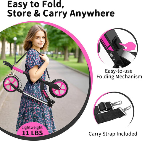 BELEEV V10 Big Wheel Scooter voor kinderen vanaf 6 jaar, met oplichtend dek, opvouwbare scooter met 2 wielen voor volwassenen en tieners, 5 verstelbare hoogte, lichtgewicht sport forenzen scooter met