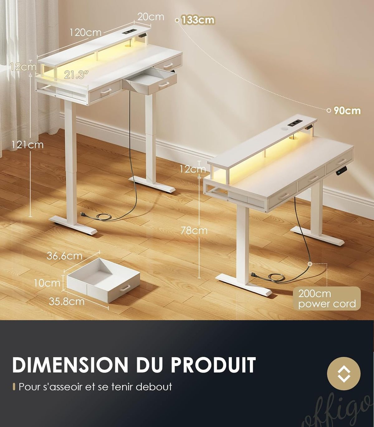 OffiGo Elektrisch bureau met laden, 120cm In hoogte verstelbaar bureau met monitorstandaard, Staand bureau met stopcontacten en lichtstrip, In hoogte verstelbaar bureau Office desk, Wit