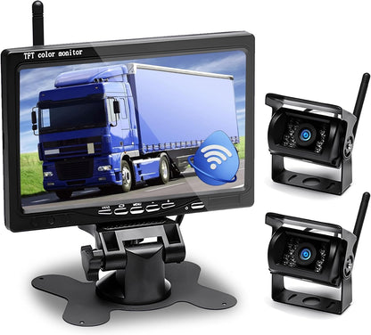 7 inch Draadloos Achteruitrijcamera Systeem – Achteruitrijcamera – Parkeercamera – Campercamera – Truckcamera – 2 Camera’s Met Split-Screen – IP67 Waterdicht & Nachtvisie – 12-24V - QUORE