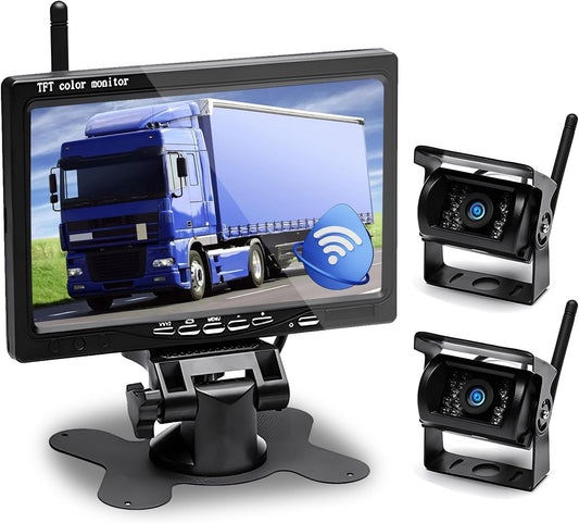 7 inch Draadloos Achteruitrijcamera Systeem – Achteruitrijcamera – Parkeercamera – Campercamera – Truckcamera – 2 Camera’s Met Split-Screen – IP67 Waterdicht & Nachtvisie – 12-24V - QUORE