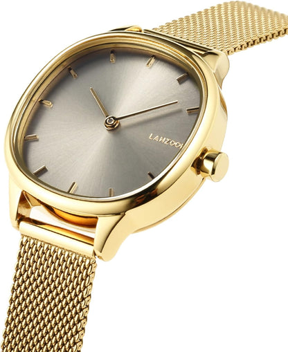 LANZOOM Dameshorloge minimalistisch ontwerp grijze kleur vierkante wijzerplaat met gouden Milaan stalen band serie Braini., Goud, armband