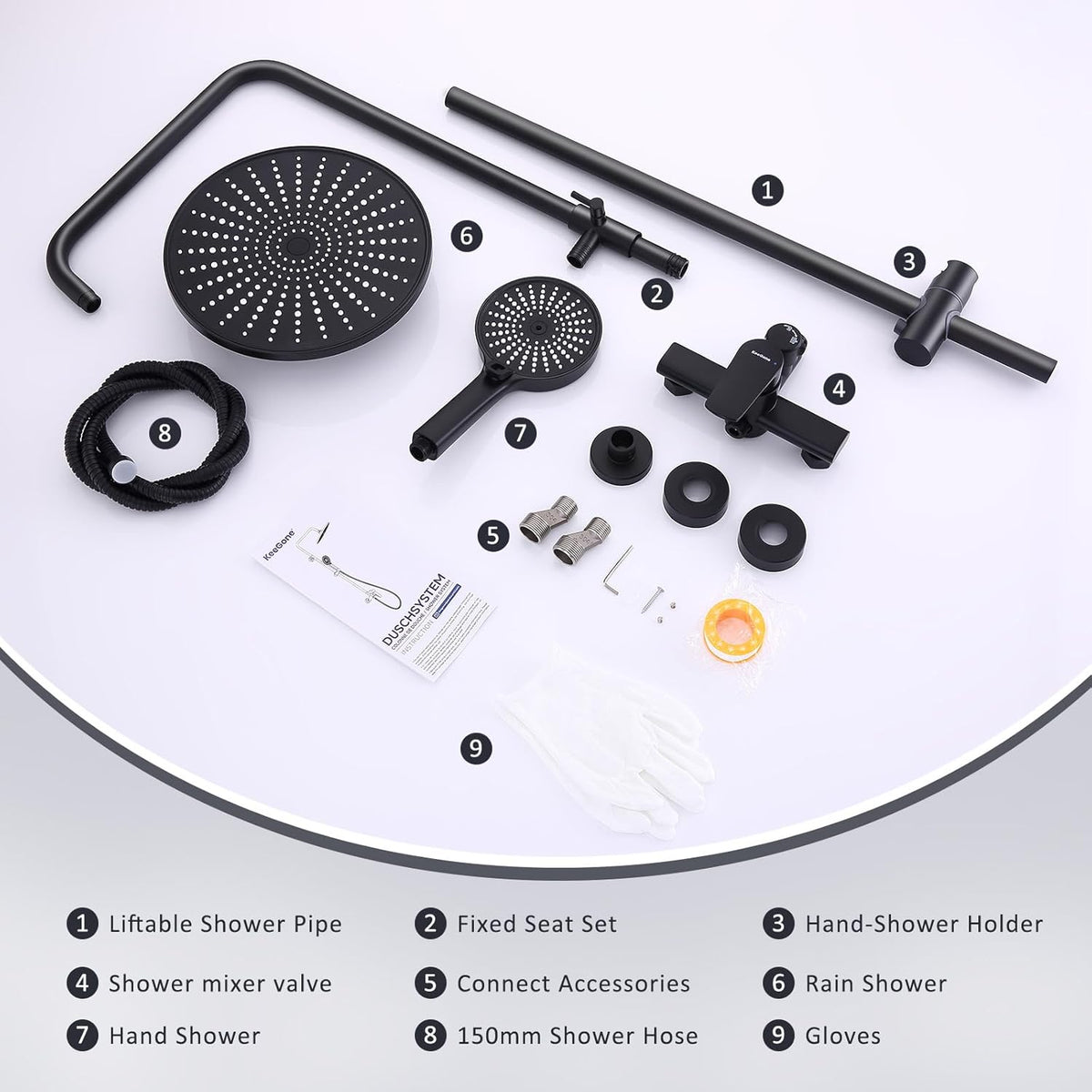 Douchemengset roestvrij staal met verstelbare hoogte douchestang 25 cm ronde overhead regendouche 3 straaltypen handdoucheset voor badkamers