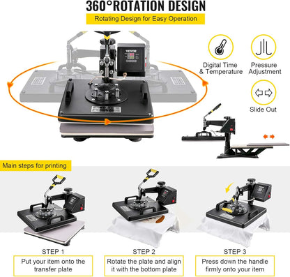 VEVOR transferpers, 8-in-1, 38 x 38 cm, hittepers, 1250 W, T-shirt-hittepers, Hittepersmachine,360 graden draaibaar, doe-het-zelf, multifunctionele sublimatie-hittepers met digitale LED-temperatuur- en tijdregelaar
