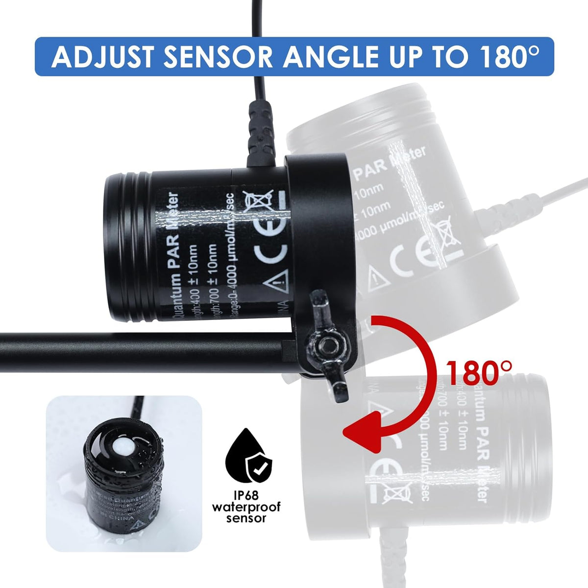 Quantum PAR Meter, Waterdichte PAR Meter voor Rif Tank Aquarium Planten IP68 Quantum Sensor Full-Spectrum PPFD Meter Data Logger, 79“ Kabel en 37” Stevige Telescopische Pool inbegrepen