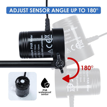 Quantum PAR Meter, Waterdichte PAR Meter voor Rif Tank Aquarium Planten IP68 Quantum Sensor Full-Spectrum PPFD Meter Data Logger, 79“ Kabel en 37” Stevige Telescopische Pool inbegrepen