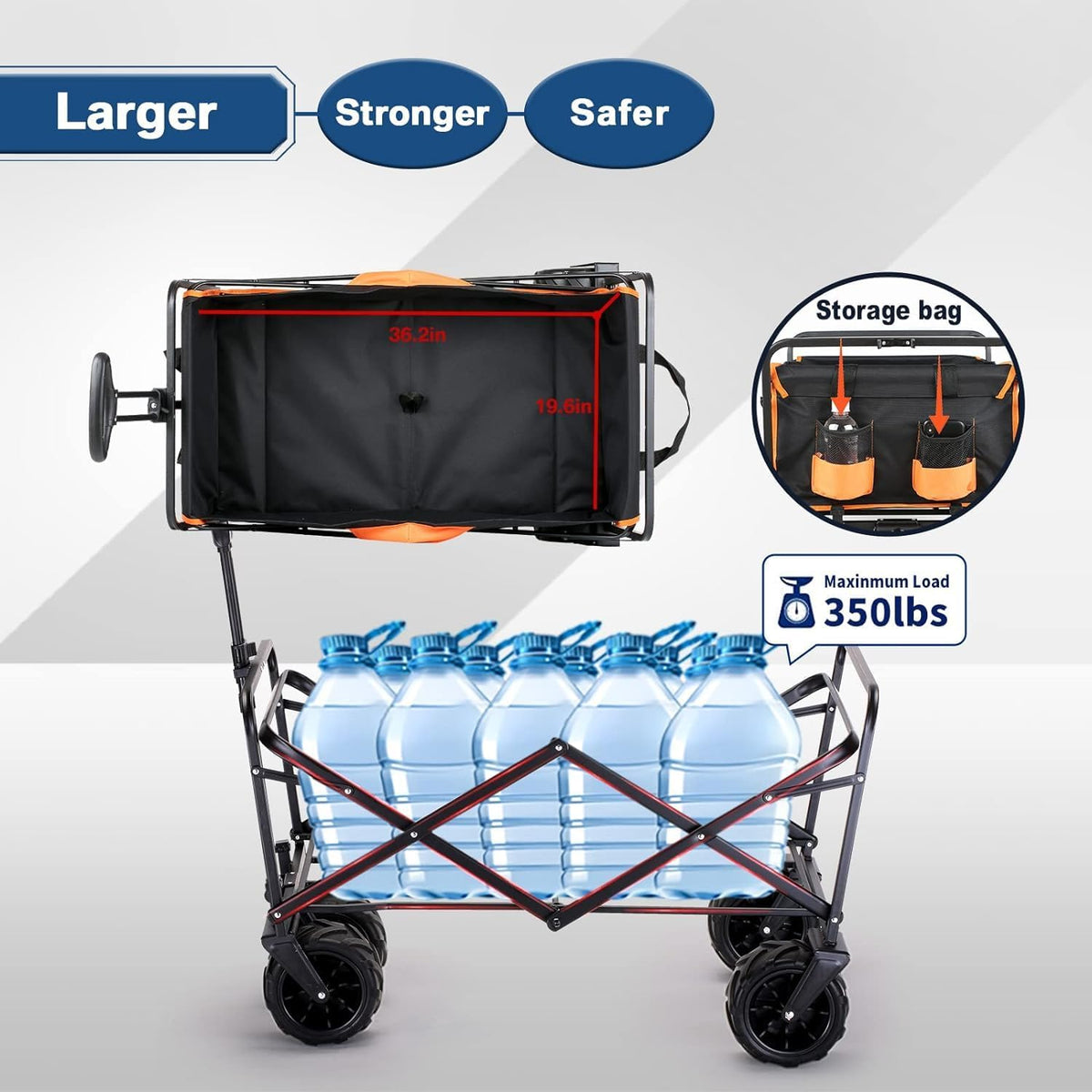 EchoSmile Bolderkar, opvouwbaar, 200 liter, 160 kg belastbaar, handwagen, transportwagen, inklapbaar met verstelbare handgreep en zijzakken, brede wielen, voor alle terrassen, strandwagen, tuinwagen