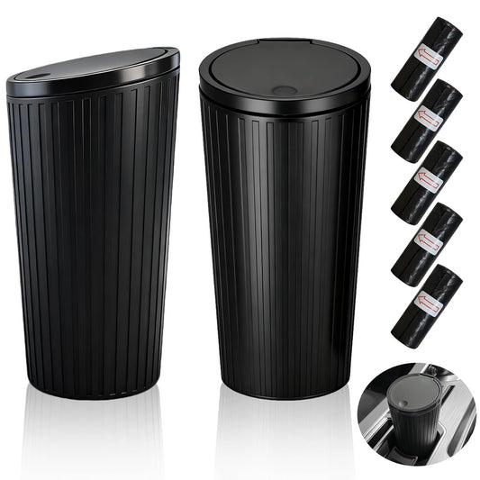 Pack of 2 Car Bin with Lid, Portable Car Waste Bin, Mini Trash Bin, Waterproof and Odour-Inhibiting, Practical Car Waste Bin with 5 Rolls Trash Bags for Car, Home, Office, Bedroom - QUORE