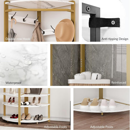 Coat Rack Corner Wardrobe Metal with 6 Double Hooks Storage Rack Shoe Rack Open Clothes Stand Hallway Rack Space Saving Industrial Design for Hallway, Living Room, Bedroom, Office, Gold - QUORE