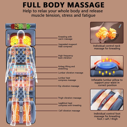 Massagemat voor het hele lichaam met warmtefunctie, massagestoelkussen met 10 vibratiemotoren, suède, elektrische massagepad voor nek, schouders, rug, taille, benen, afneembaar, apart te gebruiken