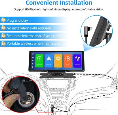 Podofo 10,26 inch draagbare autoradio met draadloos A-pple Carplay Android autorecorder scherm, 7-32V touchscreen met stemassistent/Bluetooth/FM zender/AUX/TF kaart